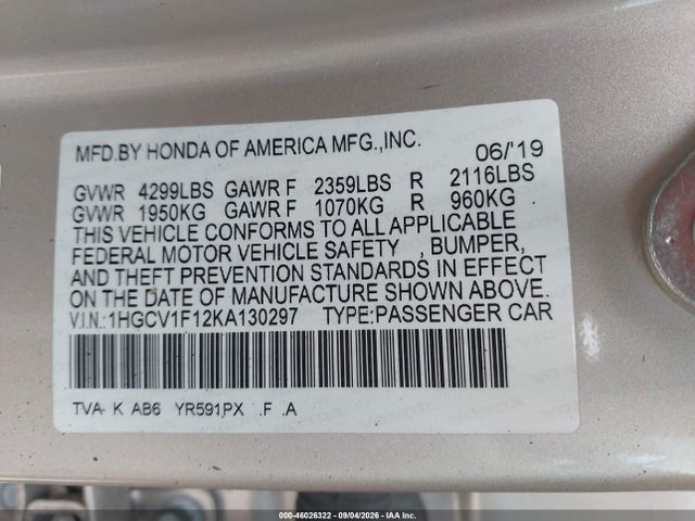 2019 Honda Accord Lx მანქანა იყიდება აუქციონზე, vin: 1HGCV1F12KA130297, აუქციონის ნომერი: 46026322