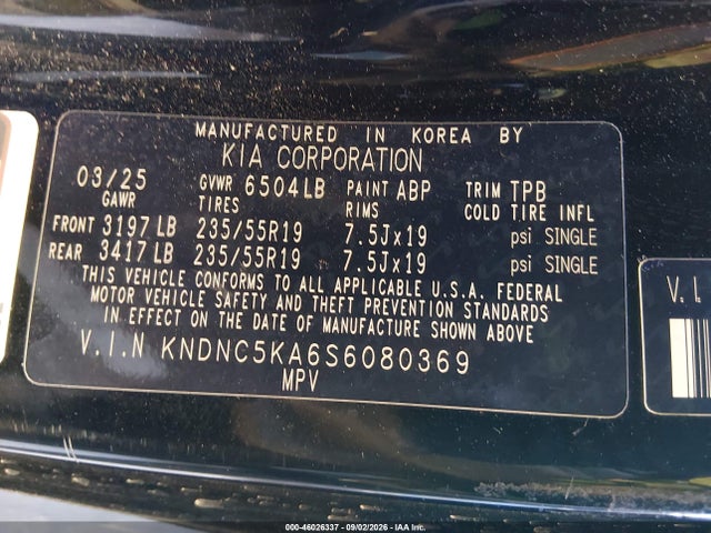 2025 Kia Carnival Mpv Hybrid Ex მანქანა იყიდება აუქციონზე, vin: KNDNC5KA6S6080369, აუქციონის ნომერი: 46026337