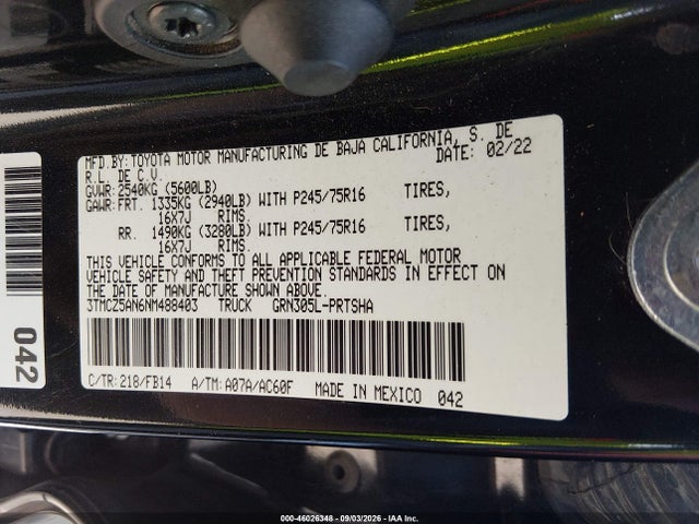Продажа на аукционе авто 2022 Toyota Tacoma Sr V6, vin: 3TMCZ5AN6NM488403, номер лота: 46026348