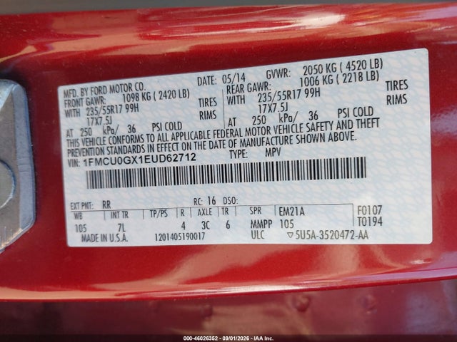 46026352 :رقم المزاد ، 1FMCU0GX1EUD62712 vin ، 2014 Ford Escape Se مزاد بيع