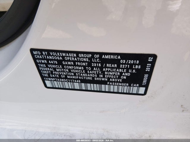 46026353 :رقم المزاد ، 1VWBP7A38DC117445 vin ، 2013 Volkswagen Passat 2.5l Se مزاد بيع