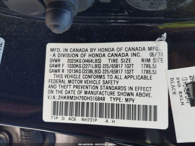 2013 Honda Cr-v Ex-l მანქანა იყიდება აუქციონზე, vin: 2HKRM3H79DH516848, აუქციონის ნომერი: 46026359