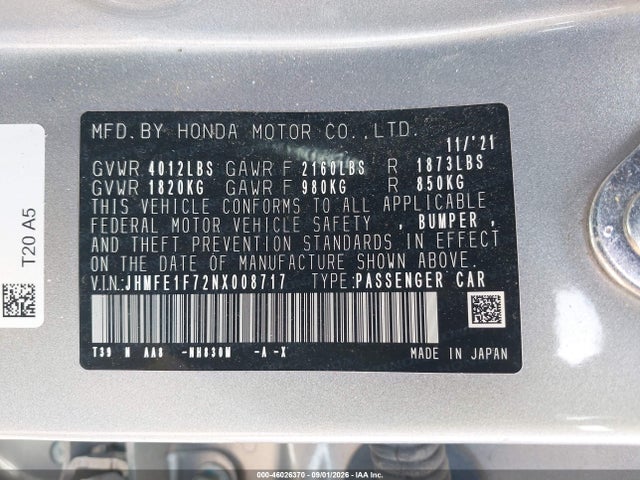 2022 Honda Civic Ex მანქანა იყიდება აუქციონზე, vin: JHMFE1F72NX008717, აუქციონის ნომერი: 46026370