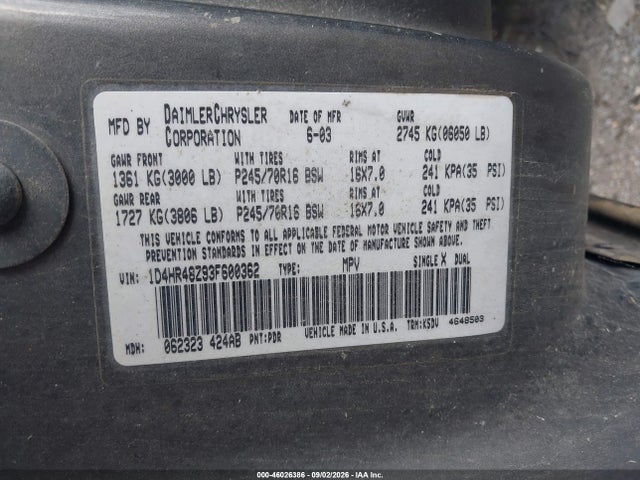 Aukcja sprzedaży 2003 Dodge Durango Slt, vin: 1D4HR48Z93F600362, numer aukcji: 46026386