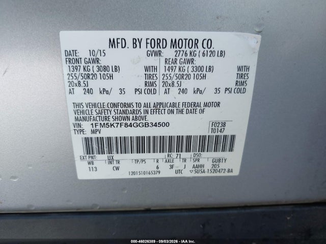 2016 Ford Explorer Limited მანქანა იყიდება აუქციონზე, vin: 1FM5K7F84GGB34500, აუქციონის ნომერი: 46026389