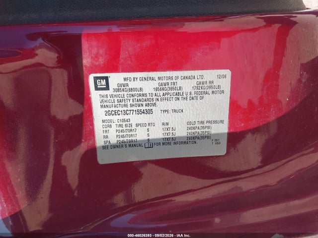 46026393 :رقم المزاد ، 2GCEC13C771554305 vin ، 2007 Chevrolet Silverado 1500 Lt1 مزاد بيع