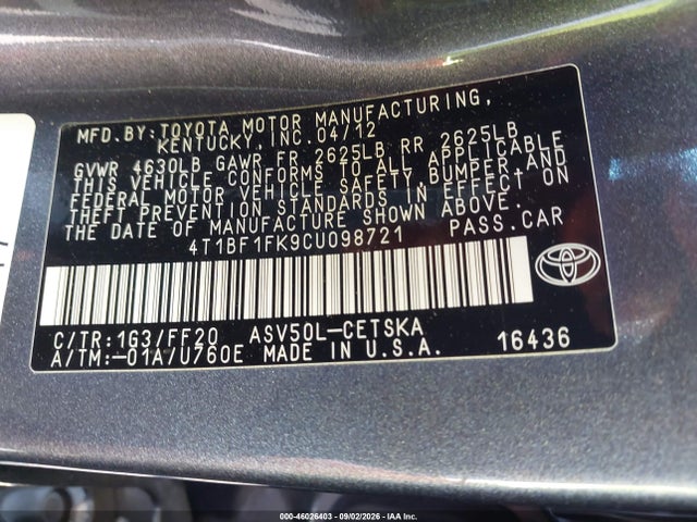 2012 Toyota Camry Se მანქანა იყიდება აუქციონზე, vin: 4T1BF1FK9CU098721, აუქციონის ნომერი: 46026403