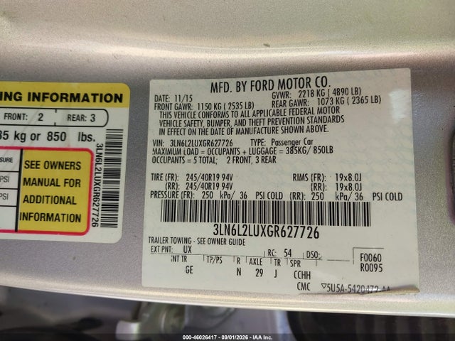 46026417 :رقم المزاد ، 3LN6L2LUXGR627726 vin ، 2016 Lincoln Mkz Hybrid مزاد بيع