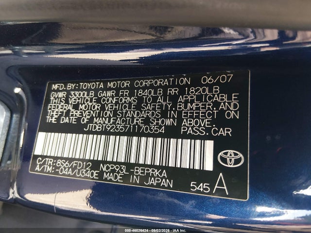 Продаж на аукціоні авто 2007 Toyota Yaris, vin: JTDBT923571170354, номер лоту: 46026424
