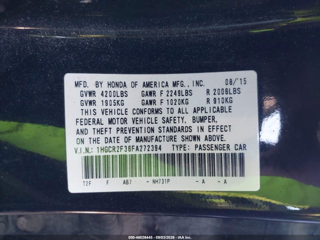 Продажа на аукционе авто 2015 Honda Accord Lx, vin: 1HGCR2F36FA272394, номер лота: 46026445