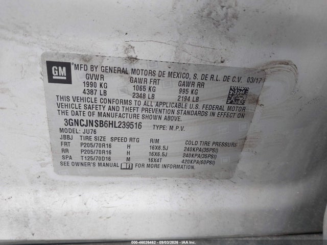 Продаж на аукціоні авто 2017 Chevrolet Trax Ls, vin: 3GNCJNSB6HL239516, номер лоту: 46026462