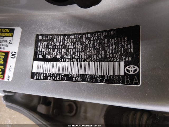 Aukcja sprzedaży 2015 Toyota Corolla S, vin: 5YFBURHE4FP346567, numer aukcji: 46026476