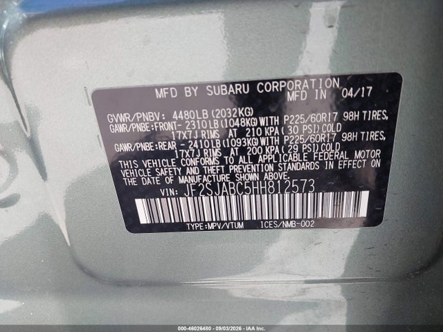 46026480 :رقم المزاد ، JF2SJABC5HH812573 vin ، 2017 Subaru Forester 2.5i مزاد بيع