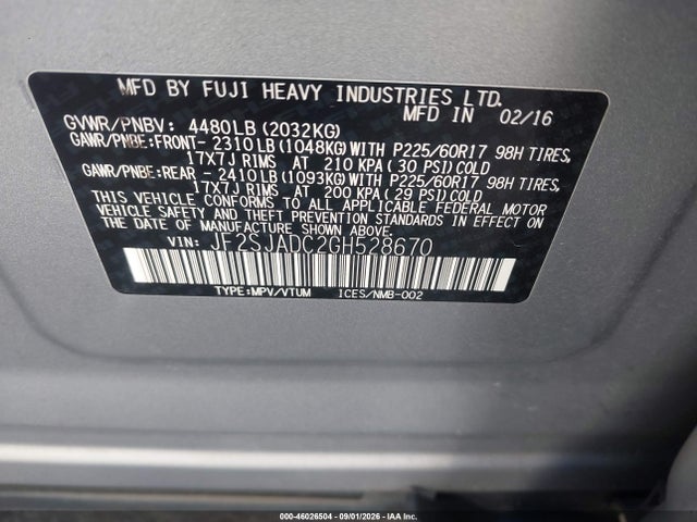 2016 Subaru Forester 2.5i Premium მანქანა იყიდება აუქციონზე, vin: JF2SJADC2GH528670, აუქციონის ნომერი: 46026504