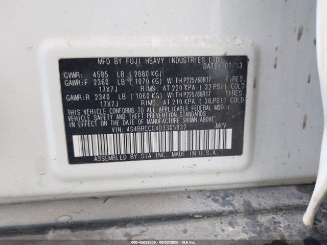 Aukcja sprzedaży 2013 Subaru Outback 2.5i Premium, vin: 4S4BRCCC4D3305832, numer aukcji: 46026509