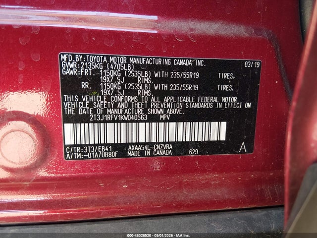 2019 Toyota Rav4 Adventure მანქანა იყიდება აუქციონზე, vin: 2T3J1RFV1KW040563, აუქციონის ნომერი: 46026530