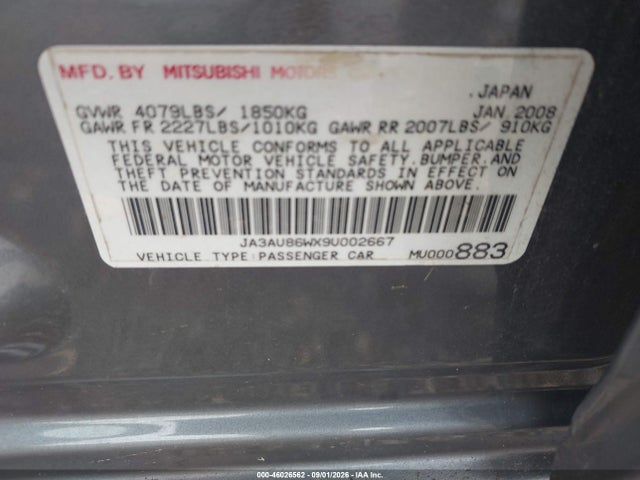 Продажа на аукционе авто 2009 Mitsubishi Lancer Gts, vin: JA3AU86WX9U002667, номер лота: 46026562
