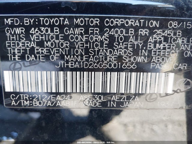 46026564 :رقم المزاد ، JTHBA1D26G5001656 vin ، 2016 Lexus Is 200t مزاد بيع