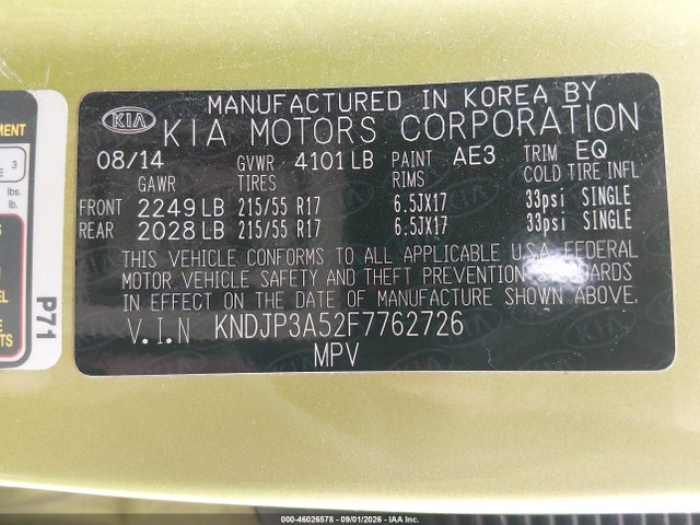 Aukcja sprzedaży 2015 Kia Soul +, vin: KNDJP3A52F7762726, numer aukcji: 46026578