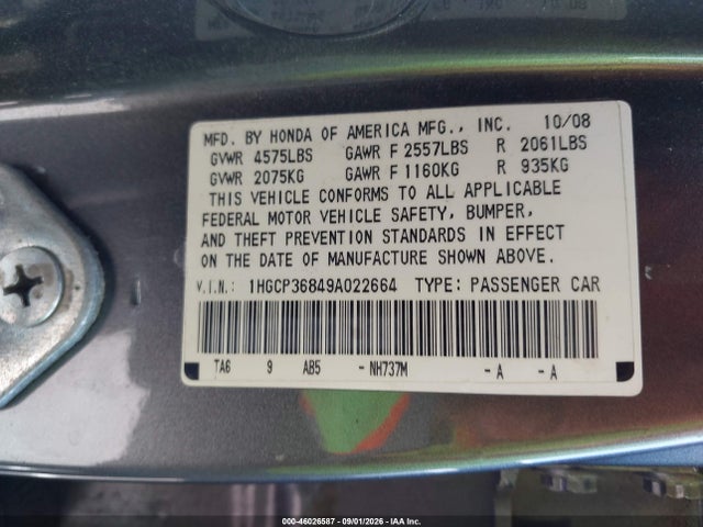 46026587 :رقم المزاد ، 1HGCP36849A022664 vin ، 2009 Honda Accord 3.5 Ex-l مزاد بيع