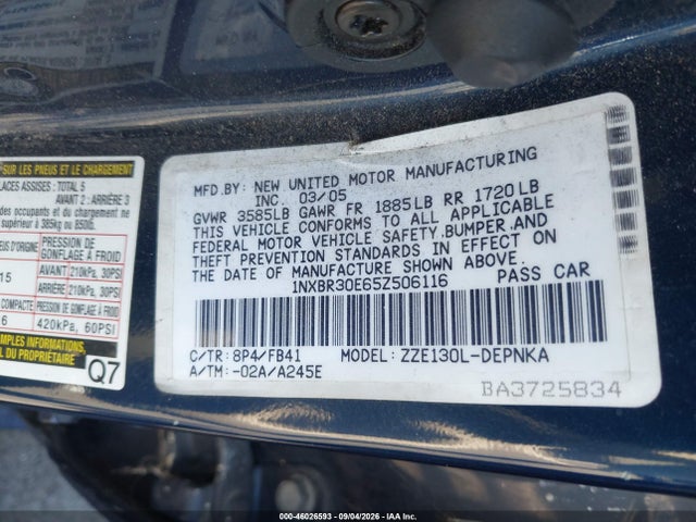 46026593 :رقم المزاد ، 1NXBR30E65Z506116 vin ، 2005 Toyota Corolla Le مزاد بيع