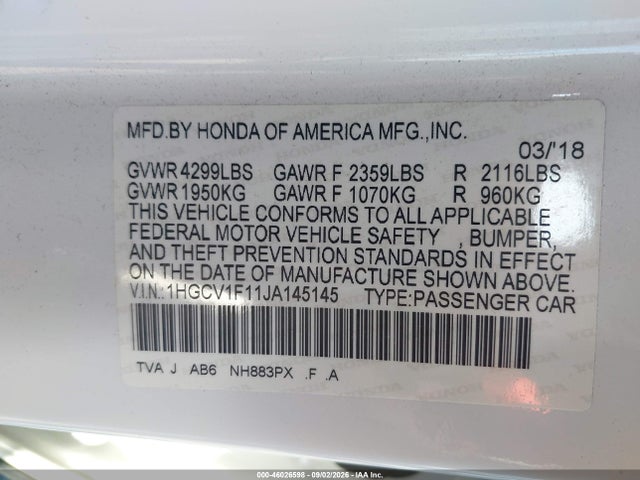 Honda ACCORD LX 2018 1HGCV1F11JA145145 Image 9