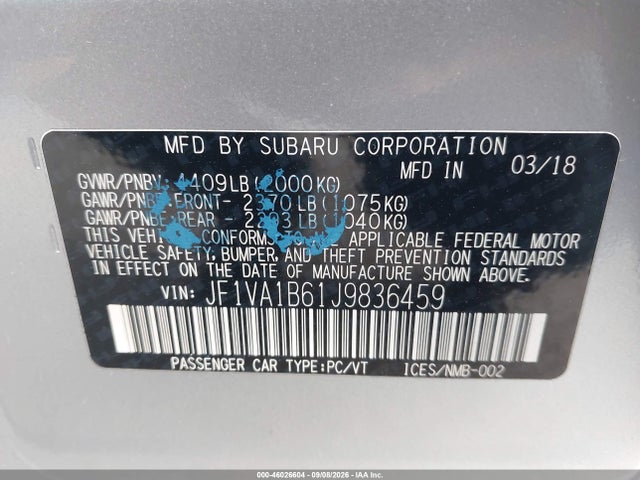 46026604 :رقم المزاد ، JF1VA1B61J9836459 vin ، 2018 Subaru Wrx Premium مزاد بيع