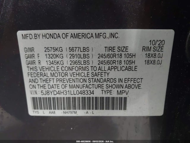 Aukcja sprzedaży 2020 Acura Mdx Standard, vin: 5J8YD4H31LL048334, numer aukcji: 46026606