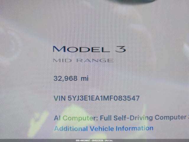 Продаж на аукціоні авто 2021 Tesla Model 3 Standard Range Plus Rear-wheel Drive, vin: 5YJ3E1EA1MF083547, номер лоту: 46026607