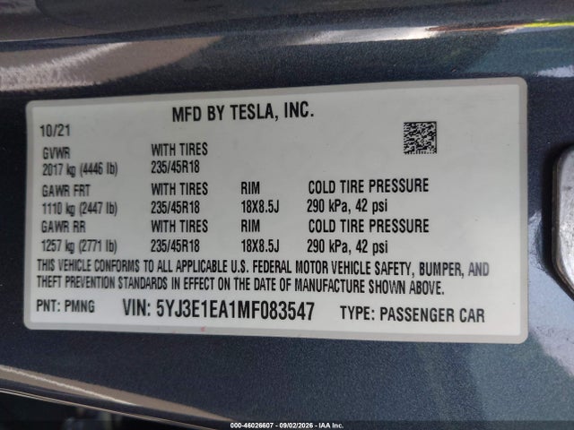 Продаж на аукціоні авто 2021 Tesla Model 3 Standard Range Plus Rear-wheel Drive, vin: 5YJ3E1EA1MF083547, номер лоту: 46026607