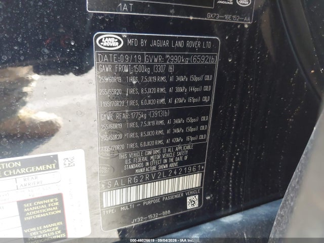 Продаж на аукціоні авто 2020 Land Rover Discovery Se, vin: SALRG2RV2L2421961, номер лоту: 46026619