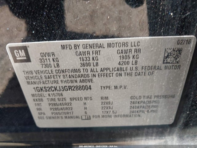 46026633 :رقم المزاد ، 1GKS2CKJ3GR288004 vin ، 2016 Gmc Yukon Denali مزاد بيع