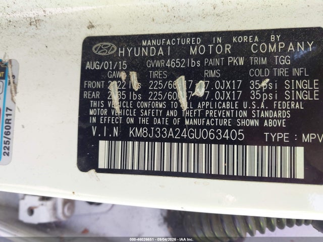 Aukcja sprzedaży 2016 Hyundai Tucson Eco, vin: KM8J33A24GU063405, numer aukcji: 46026651