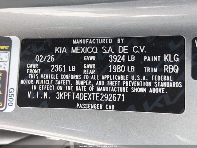 46026667 :رقم المزاد ، 3KPFT4DEXTE292671 vin ، 2026 Kia K4 Lxs مزاد بيع
