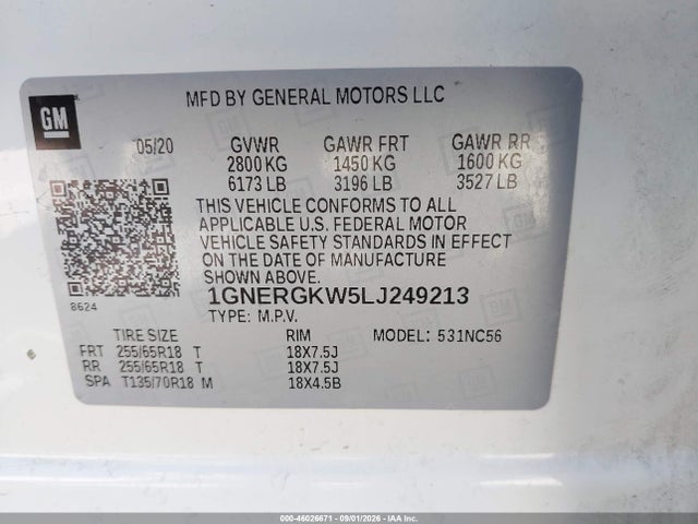 2020 Chevrolet Traverse Fwd Lt Cloth მანქანა იყიდება აუქციონზე, vin: 1GNERGKW5LJ249213, აუქციონის ნომერი: 46026671