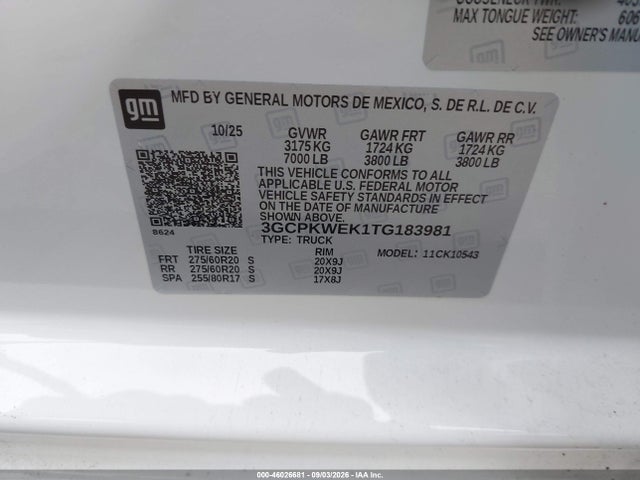 46026681 :رقم المزاد ، 3GCPKWEK1TG183981 vin ، 2026 Chevrolet Silverado 1500 4wd  Short Bed Rst مزاد بيع