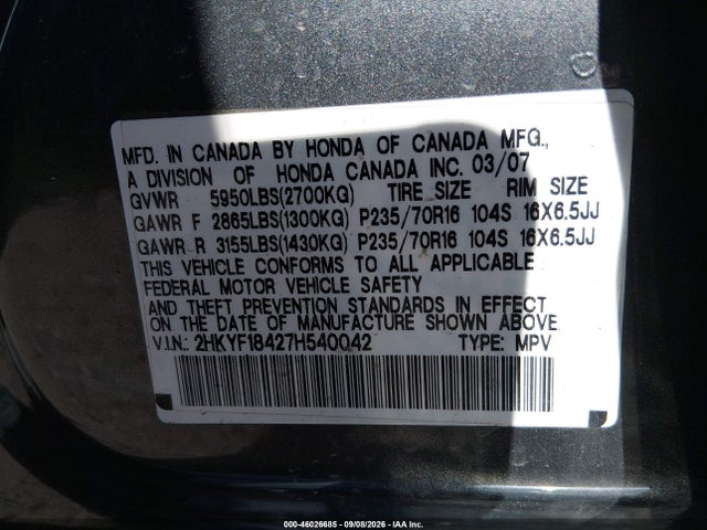 Aukcja sprzedaży 2007 Honda Pilot Ex, vin: 2HKYF18427H540042, numer aukcji: 46026685