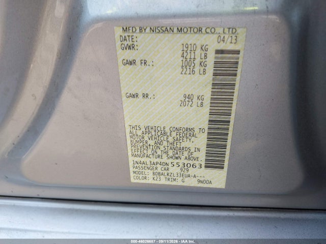 2013 Nissan Altima 2.5 S მანქანა იყიდება აუქციონზე, vin: 1N4AL3AP4DN553063, აუქციონის ნომერი: 46026687