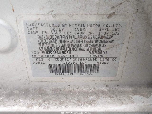 3N1CE2CP0JL352215 Nissan Versa Note Sv