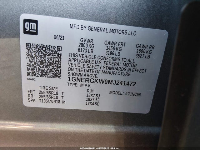 2021 Chevrolet Traverse Fwd Lt Cloth მანქანა იყიდება აუქციონზე, vin: 1GNERGKW9MJ241472, აუქციონის ნომერი: 46026691