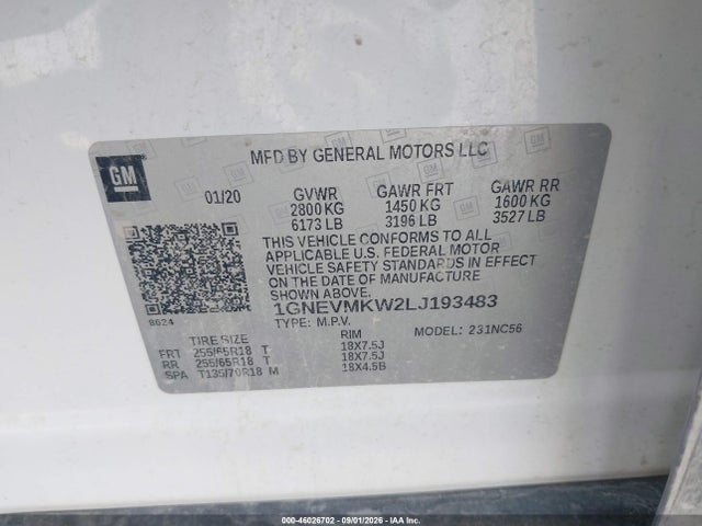 46026702 :رقم المزاد ، 1GNEVMKW2LJ193483 vin ، 2020 Chevrolet Traverse Awd 2fl مزاد بيع