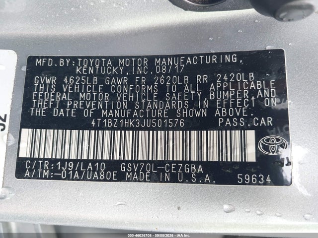 4T1BZ1HK3JU501576 Toyota Camry Xle V6