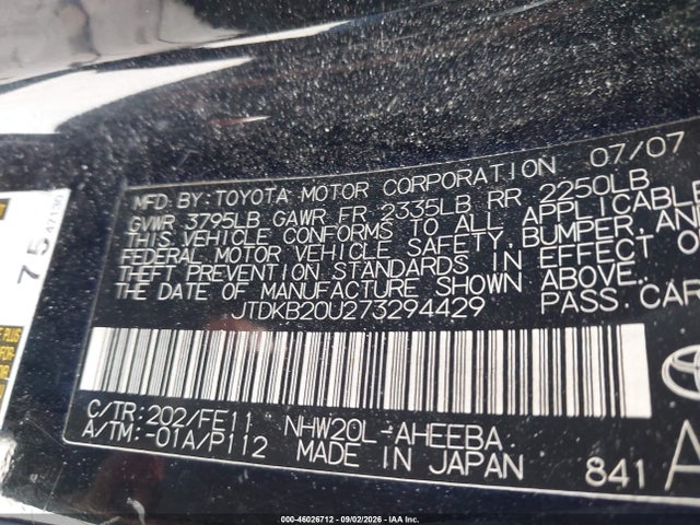 Продаж на аукціоні авто 2007 Toyota Prius, vin: JTDKB20U273294429, номер лоту: 46026712