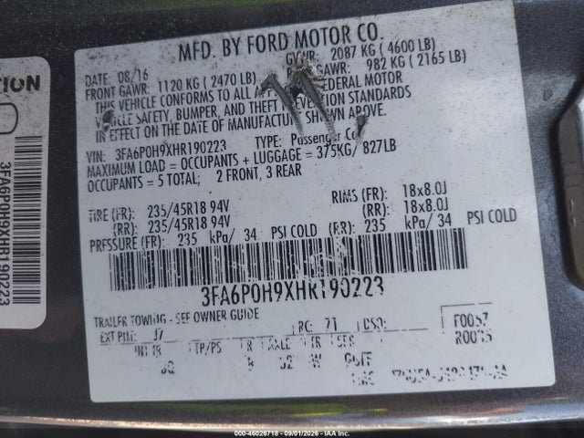 3FA6P0H9XHR190223 Ford FUSION SE