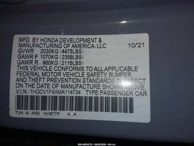 Продажа на аукционе авто 2021 Honda Accord Sport Special Edition, vin: 1HGCV1F4XMA114734, номер лота: 46026722