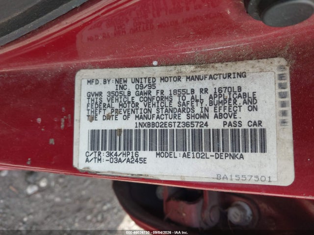 Продаж на аукціоні авто 1996 Toyota Corolla Dx, vin: 1NXBB02E6TZ365724, номер лоту: 46026730