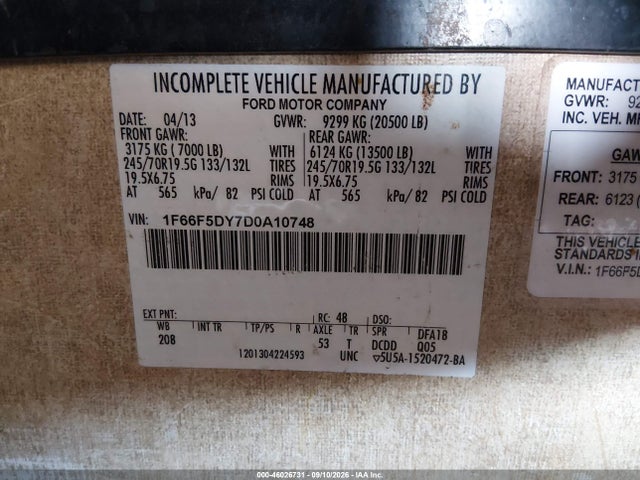 2014 Ford F53 მანქანა იყიდება აუქციონზე, vin: 1F66F5DY7D0A10748, აუქციონის ნომერი: 46026731