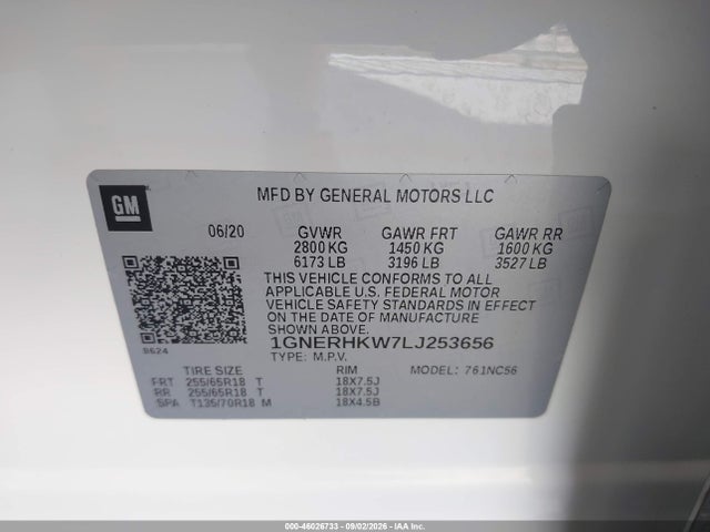 Aukcja sprzedaży 2020 Chevrolet Traverse Fwd Lt Leather, vin: 1GNERHKW7LJ253656, numer aukcji: 46026733
