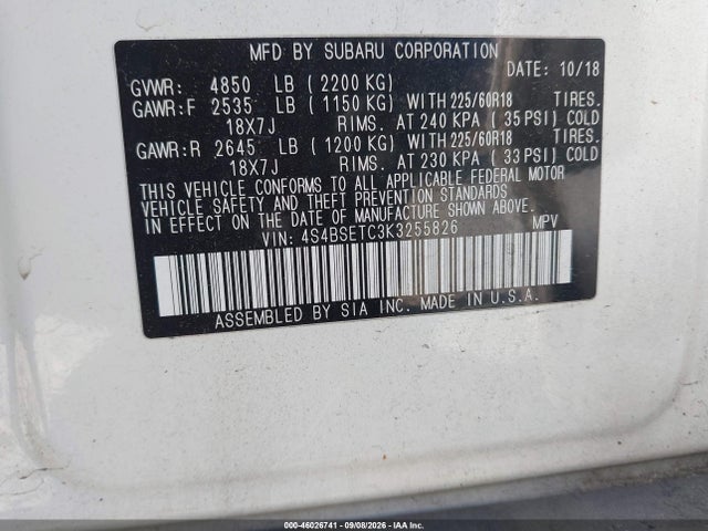 Subaru Outback 3.6r Touring 2019 4S4BSETC3K3255826 Image 9