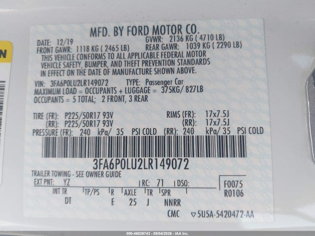 Aukcja sprzedaży 2020 Ford Fusion Hybrid Se, vin: 3FA6P0LU2LR149072, numer aukcji: 46026743